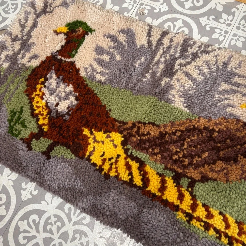 Vintage Latch Hook Punch Needle Wall Hanging Pheasant Birds Forest Scene 43 x 22